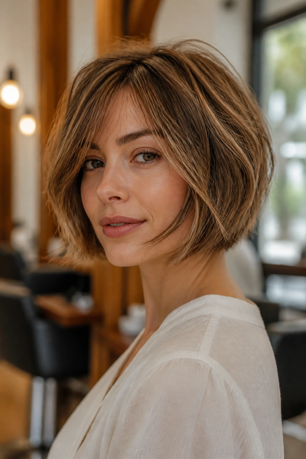 Close-up portrait of a real woman with a short layered haircut in motion in a warm salon.
