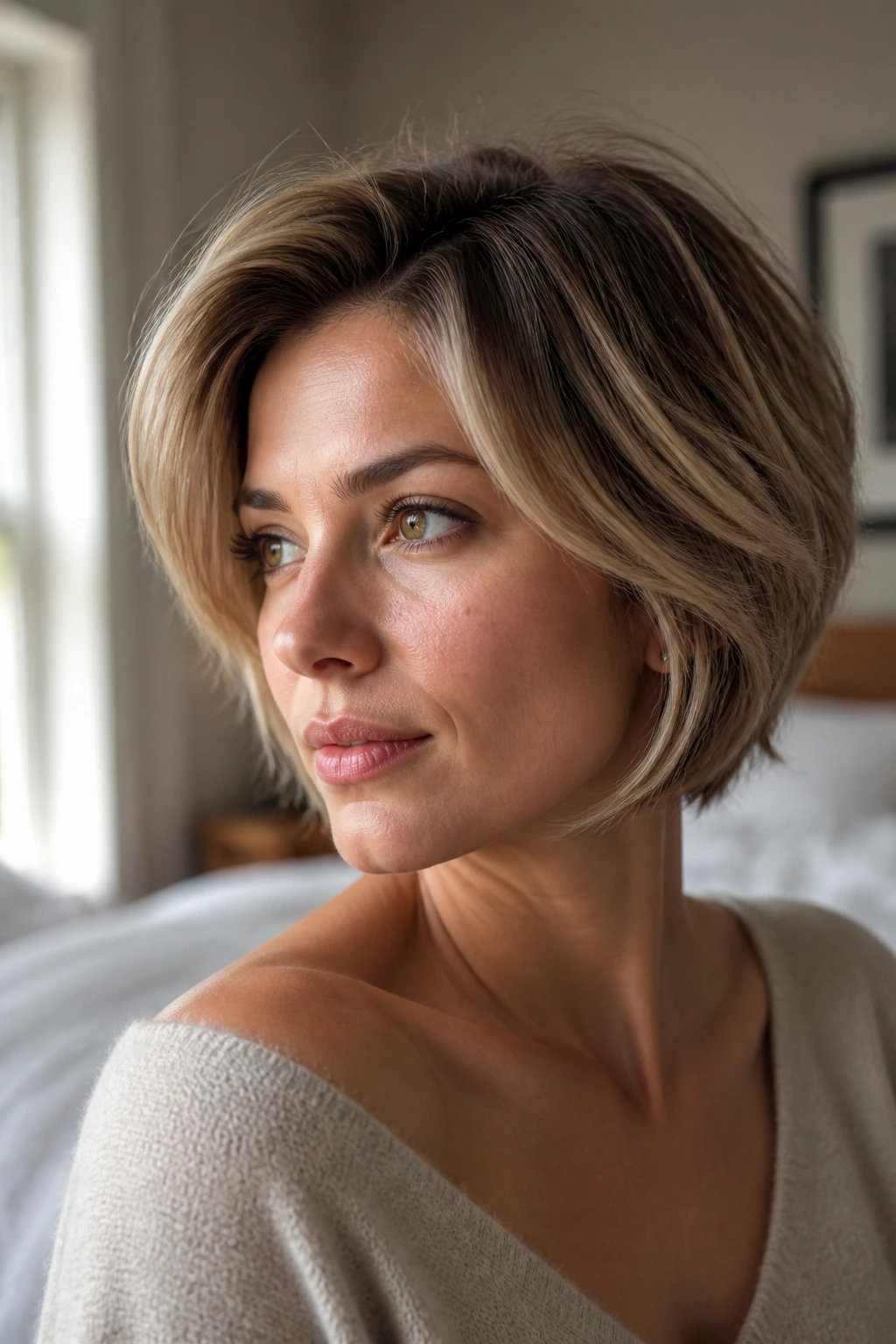 Close-up portrait of a real woman with a short layered haircut in soft morning light