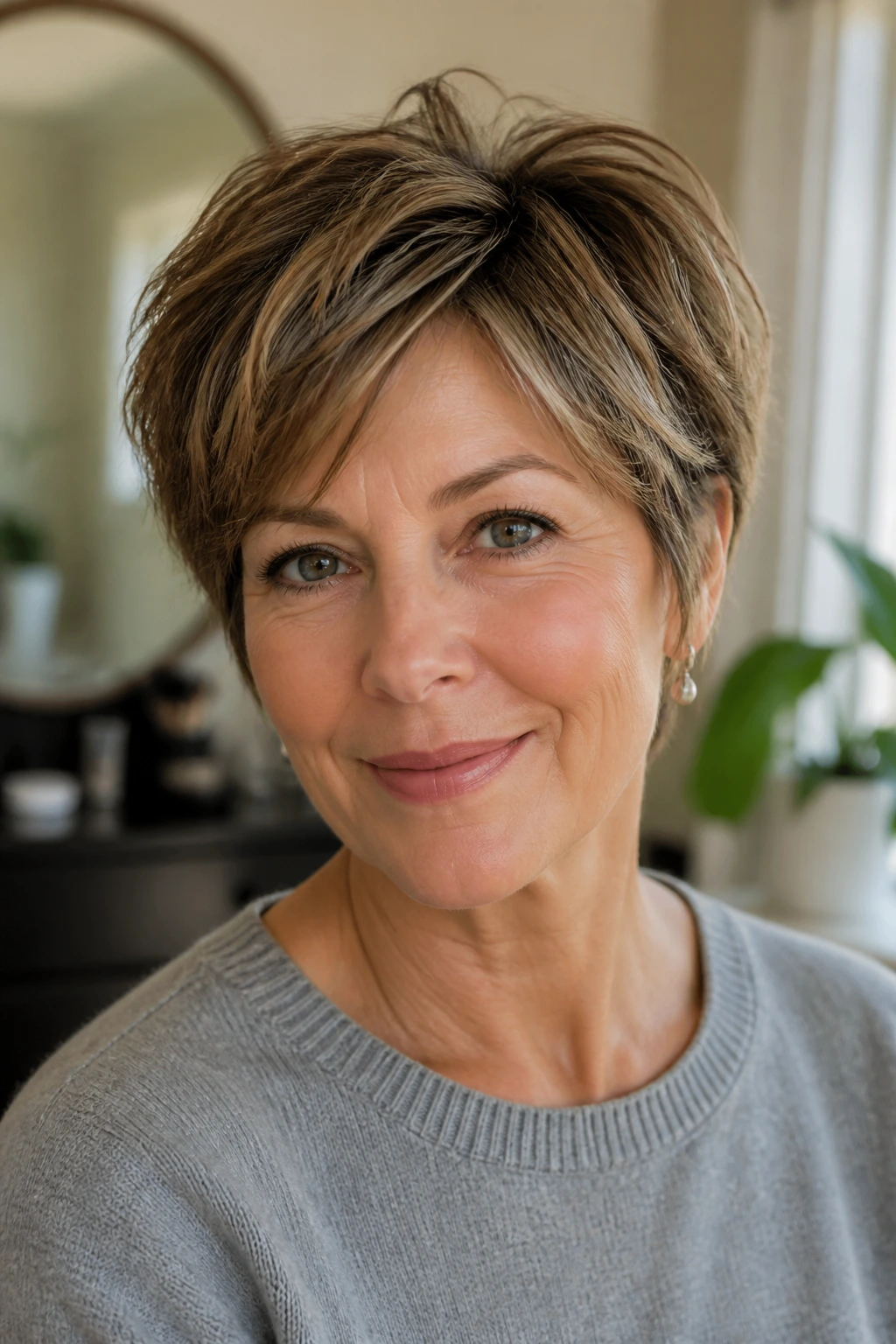 Portrait of a woman with a short layered haircut in natural window light