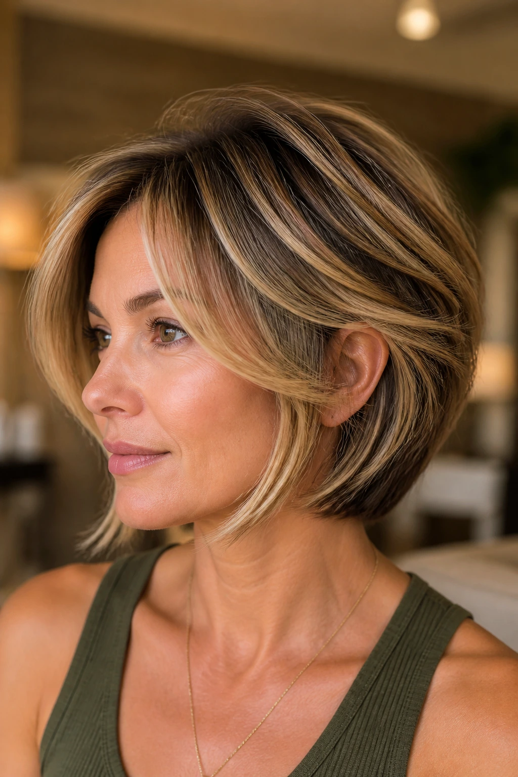 Portrait of a real woman with short layers and balayage highlights