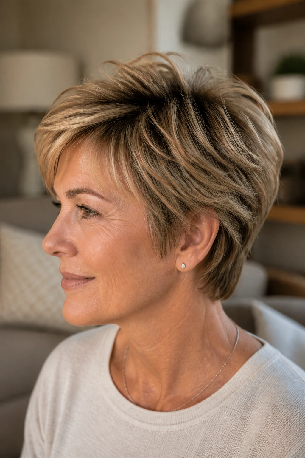 Close-up portrait of a real person with short layers providing crown lift and texture.