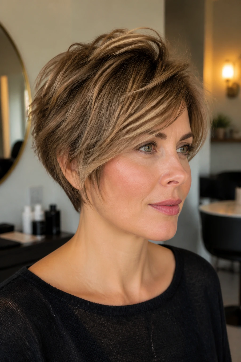 Close-up of a real person with short layered hairstyle showing crown lift and angular front