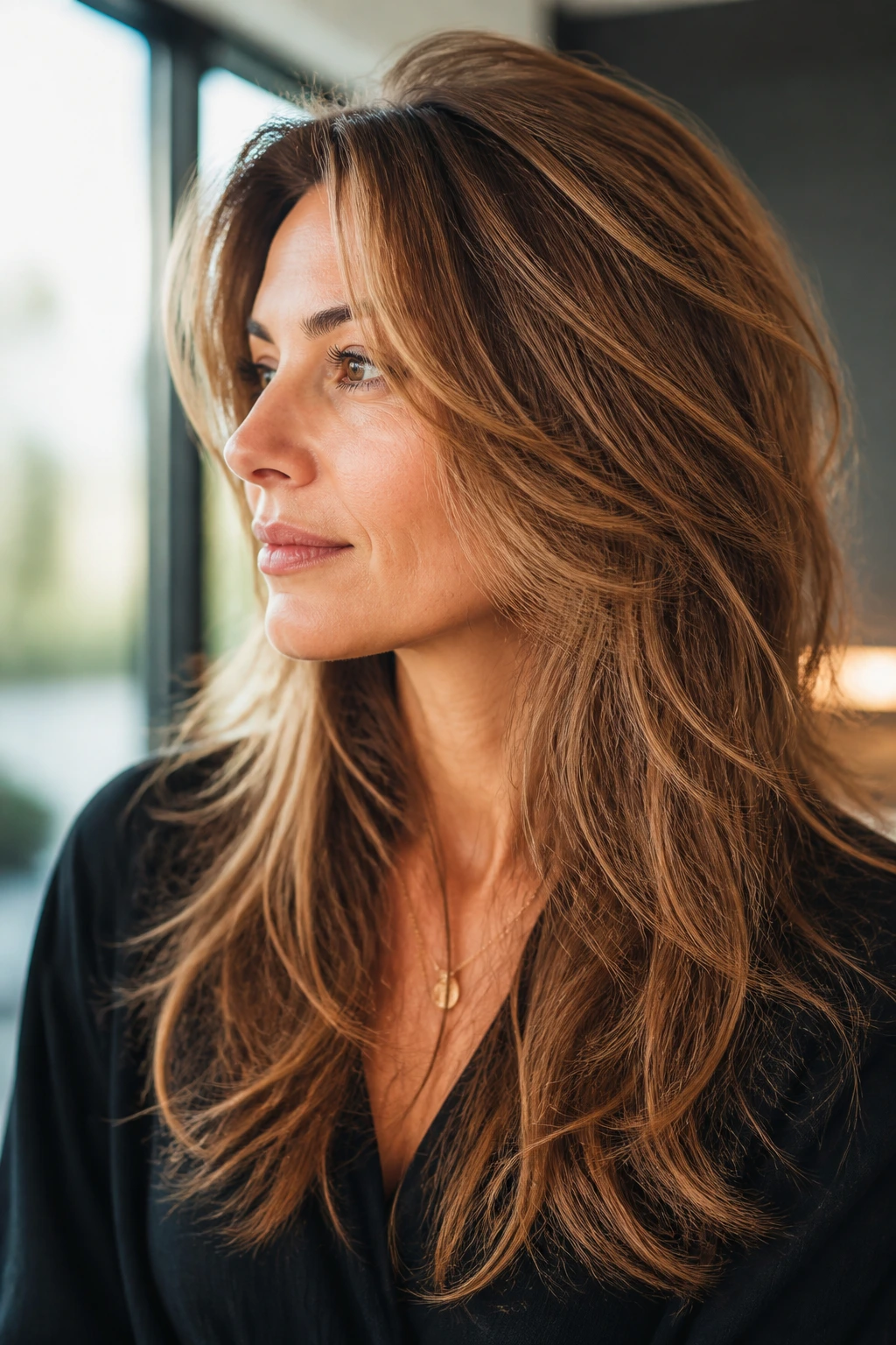Portrait showing short crown layers lifting long hair with crown lift.