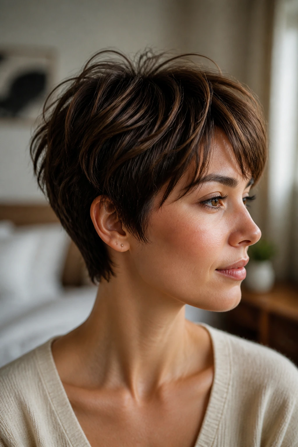 Close-up portrait of a real person showcasing a short layered hairstyle with crown and perimeter detail in soft window light