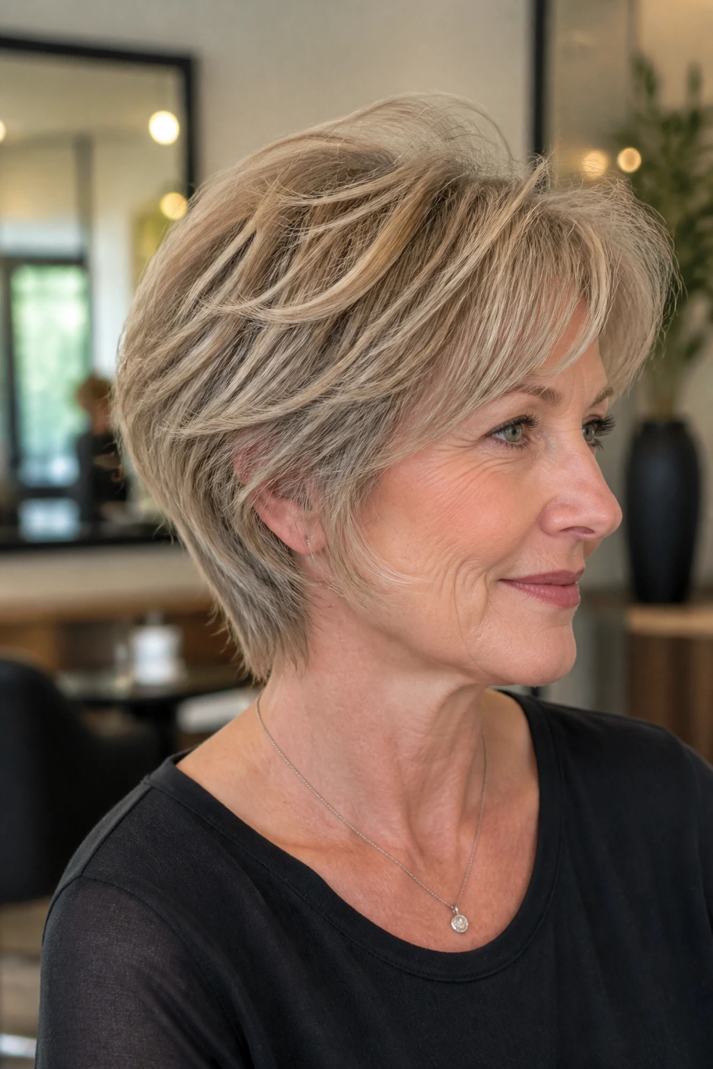 Portrait of a woman with a chic short layered haircut in a salon setting
