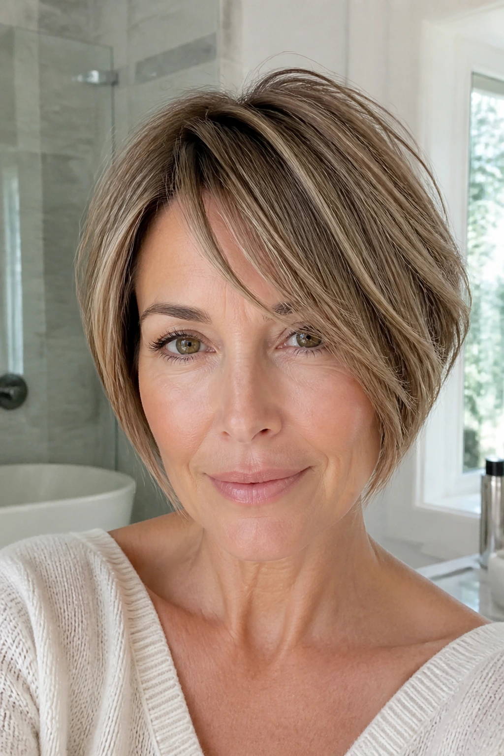Portrait of a woman with natural-looking short layers styled effortlessly