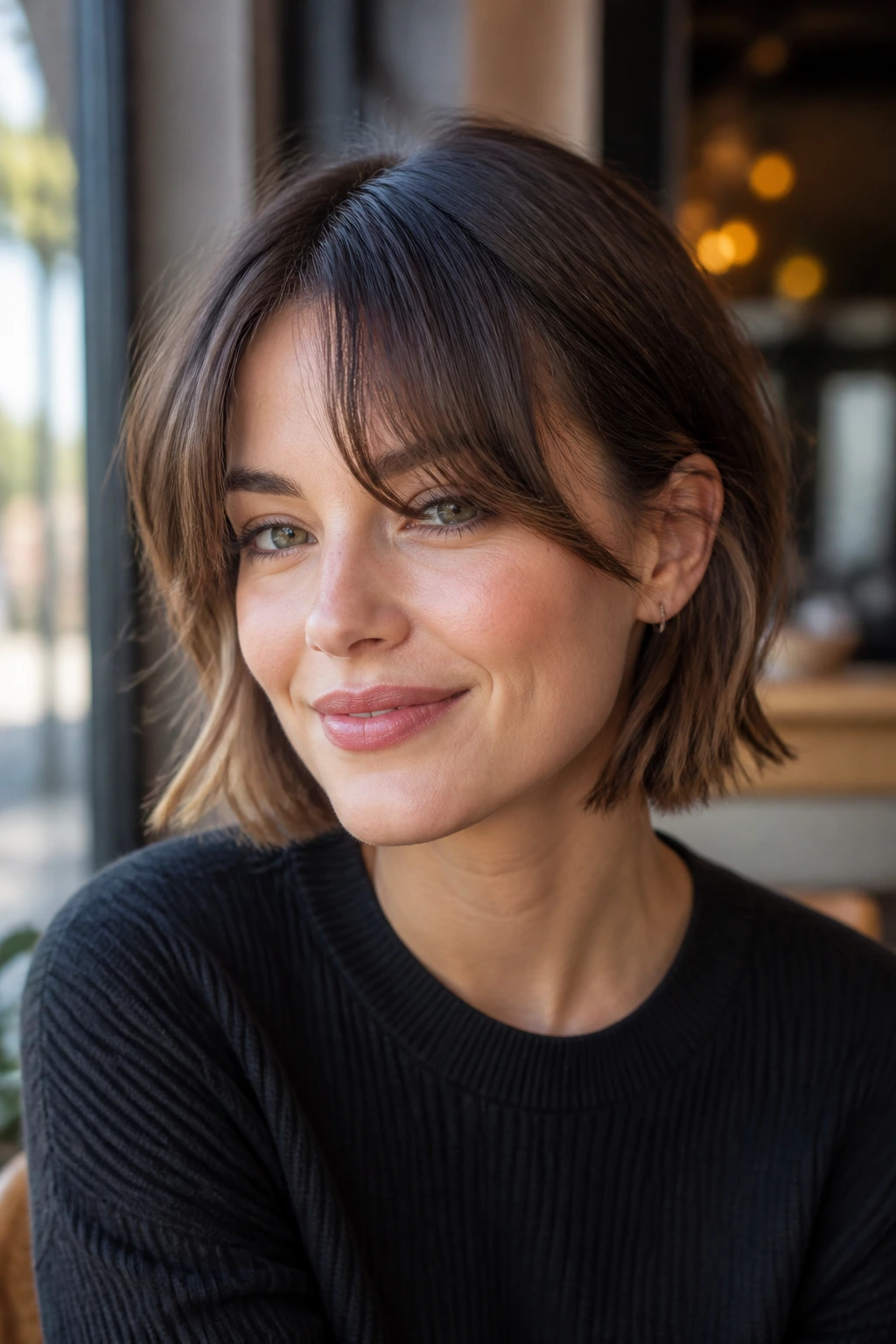 Portrait of a real woman with short lob and airy curtain bangs in natural light
