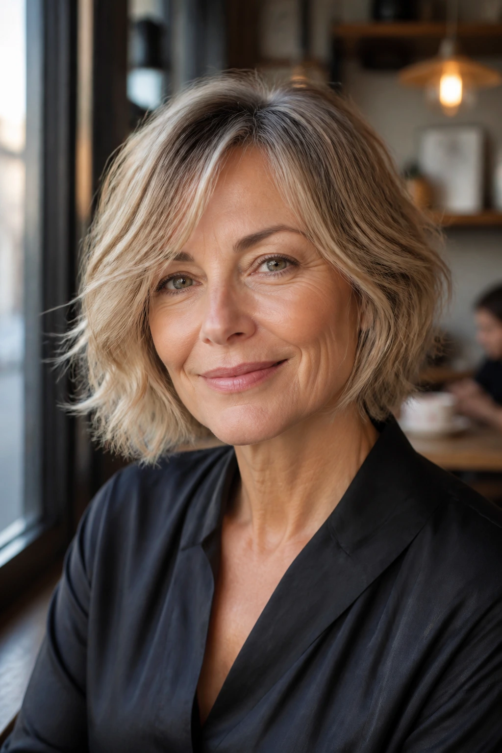 Close-up portrait of a real woman with a short lob and airy ends