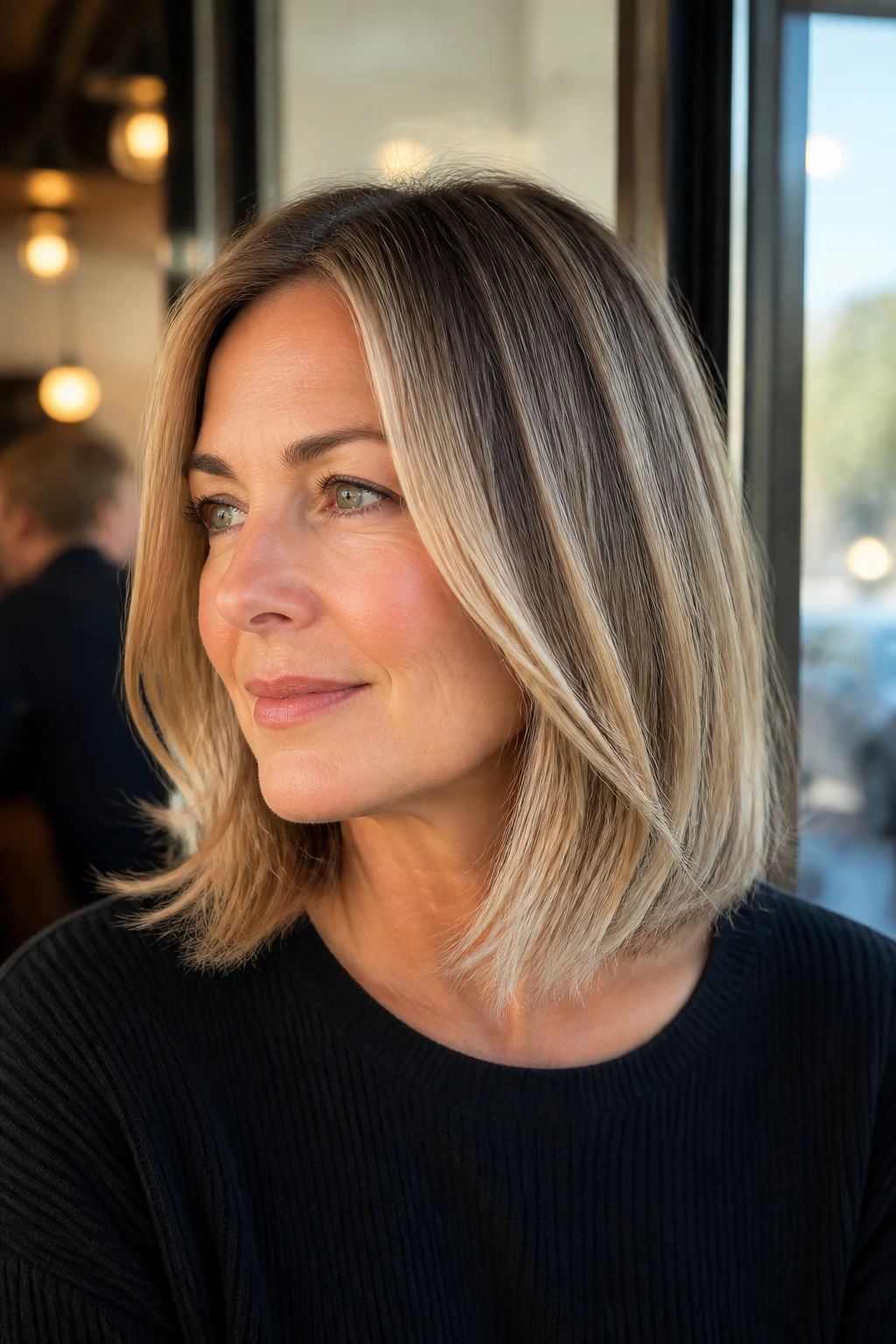 Close-up of a real woman with a short lob and balayage highlights in warm window light