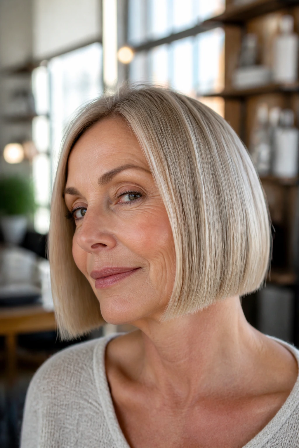 Portrait of real woman with short lob and blunt ends