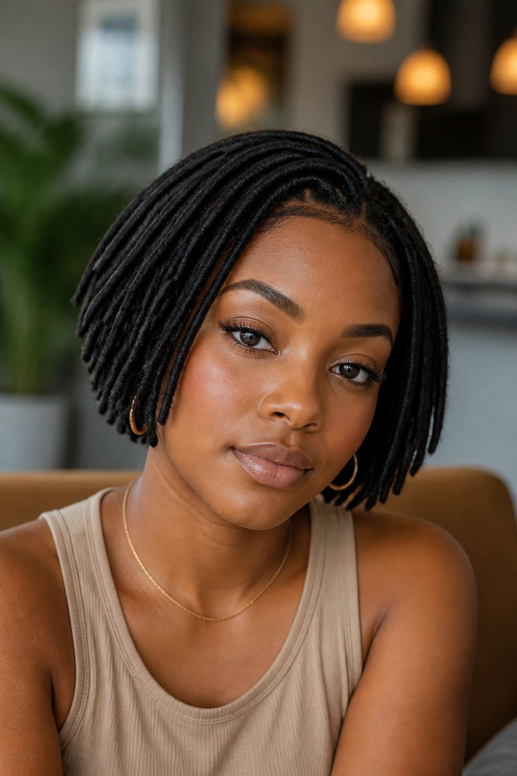 Close-up portrait of a Black woman with short locs in a bob