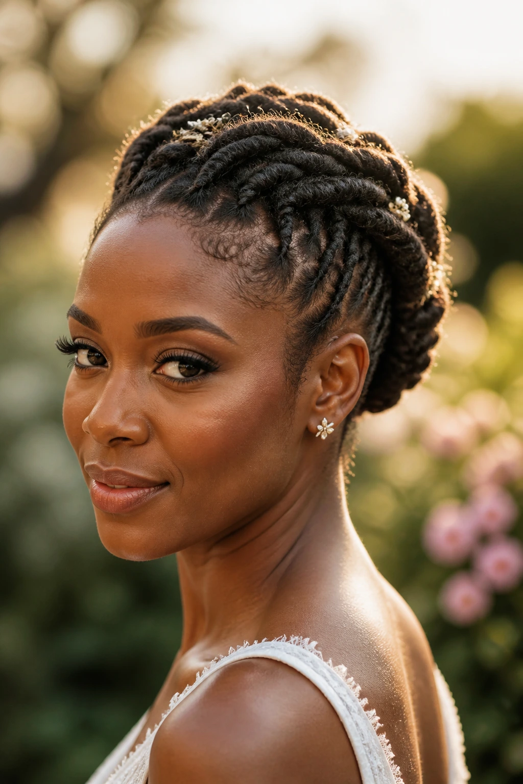 Bride with short locs in a petite crown and tucked bun