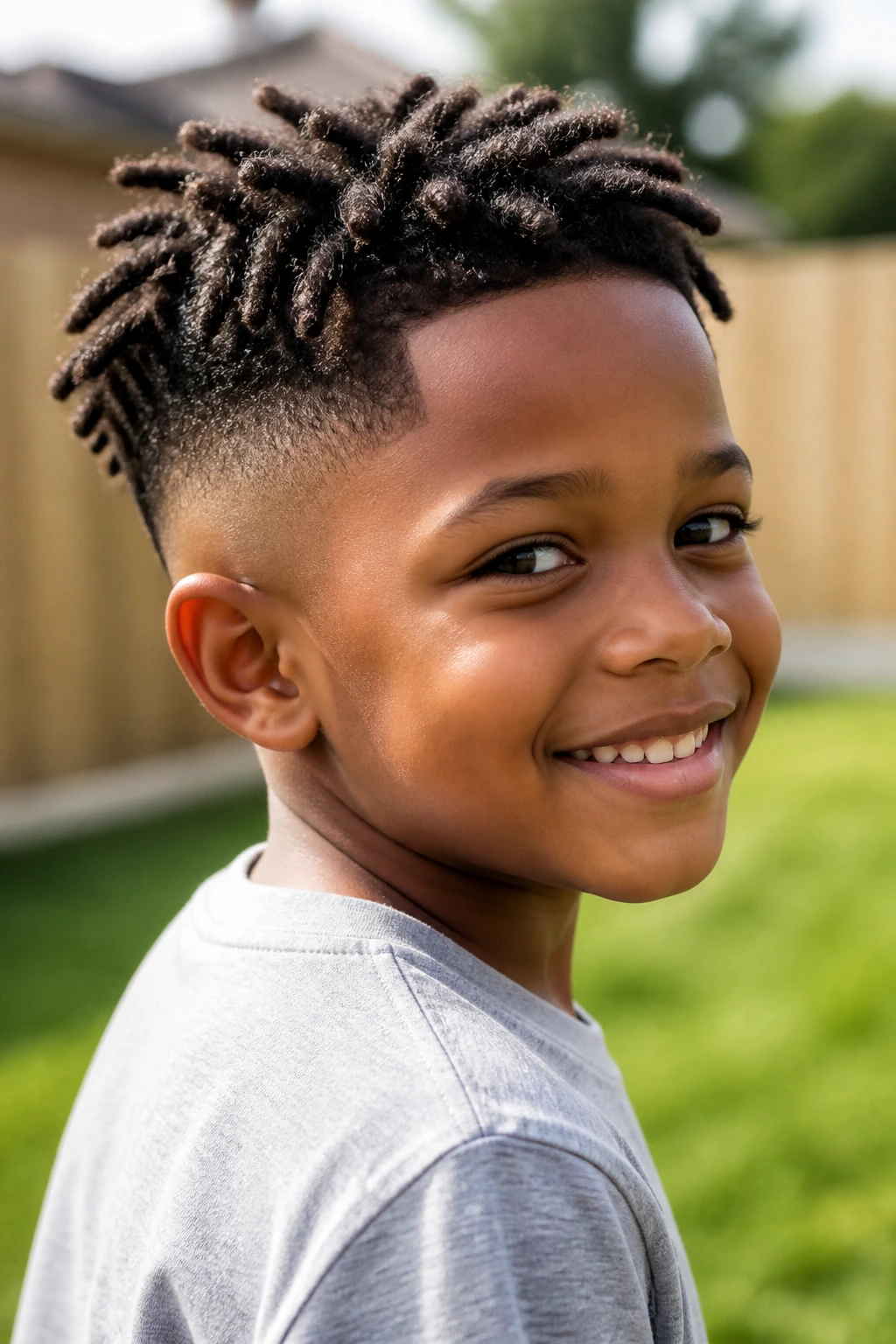 Portrait of a child with short locs and a fade
