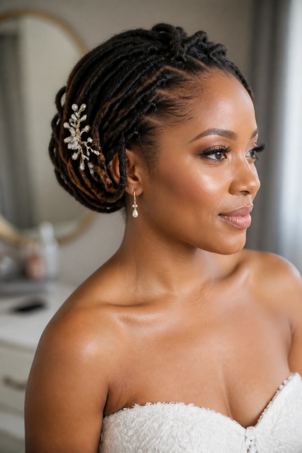 Bride with tucked bob-style loc updo, close-up