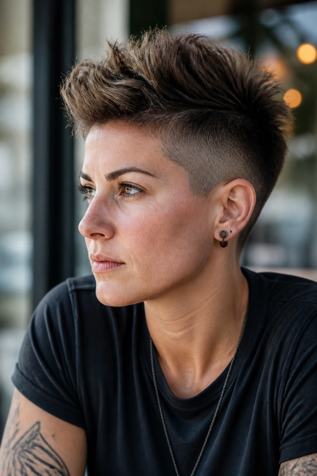 Portrait of a person with a short mohawk featuring a broad center strip.
