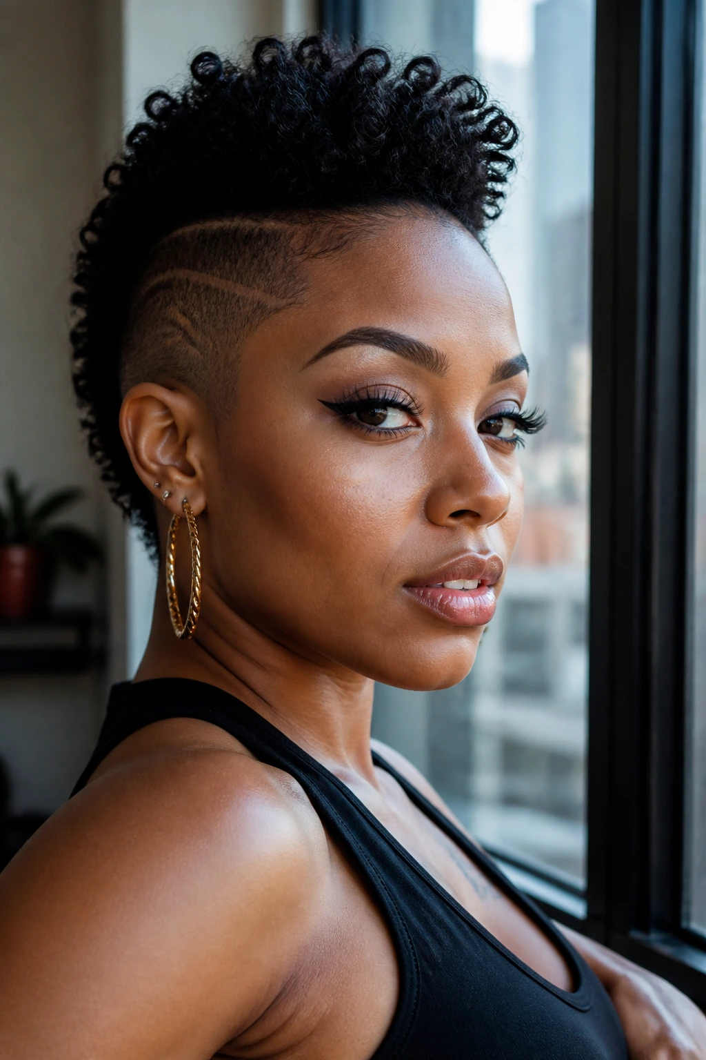 Close-up portrait of a Black woman with a bold short mohawk under natural window light