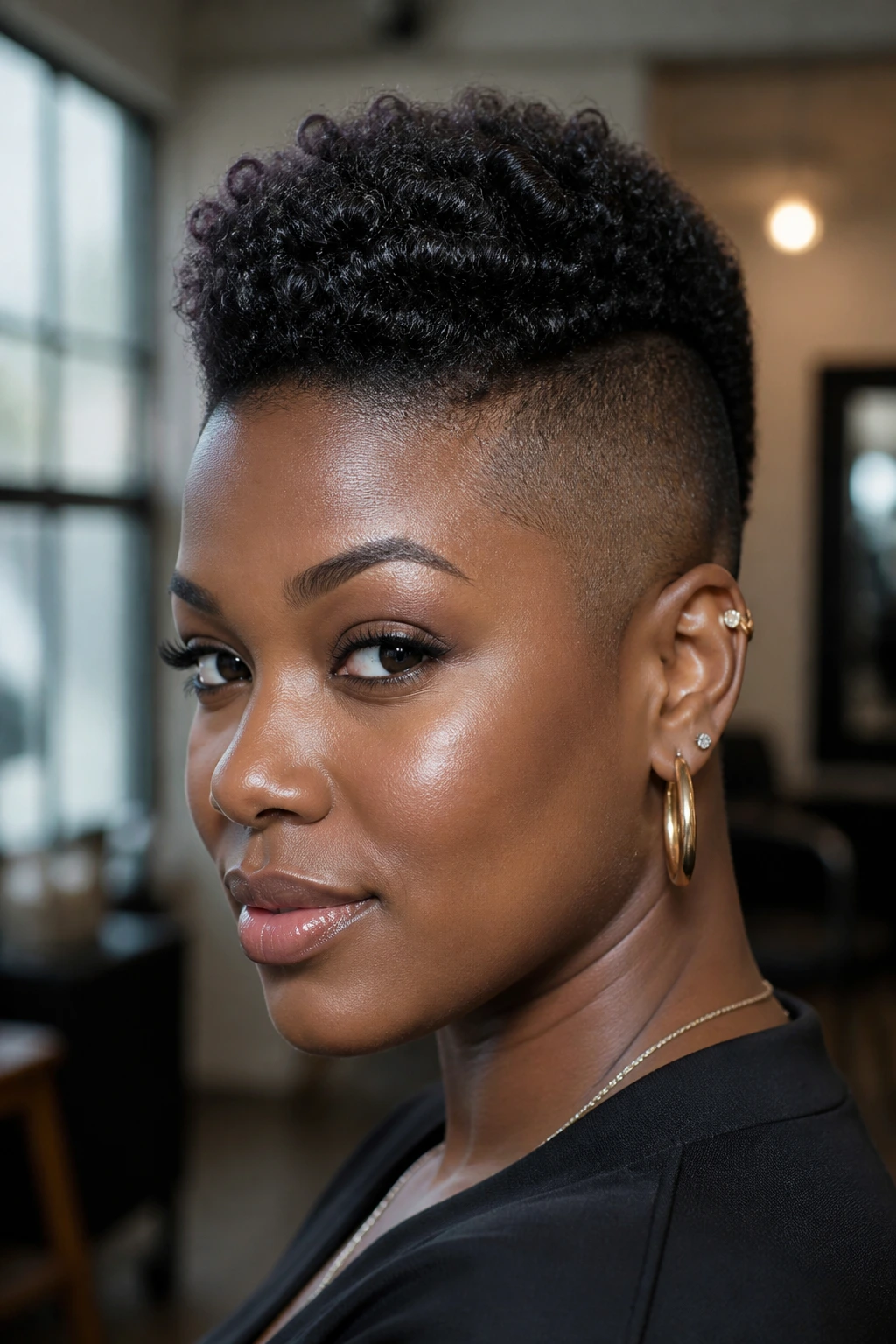 Close-up of a Black woman with a short mohawk showing a distinct center ridge and clean sides