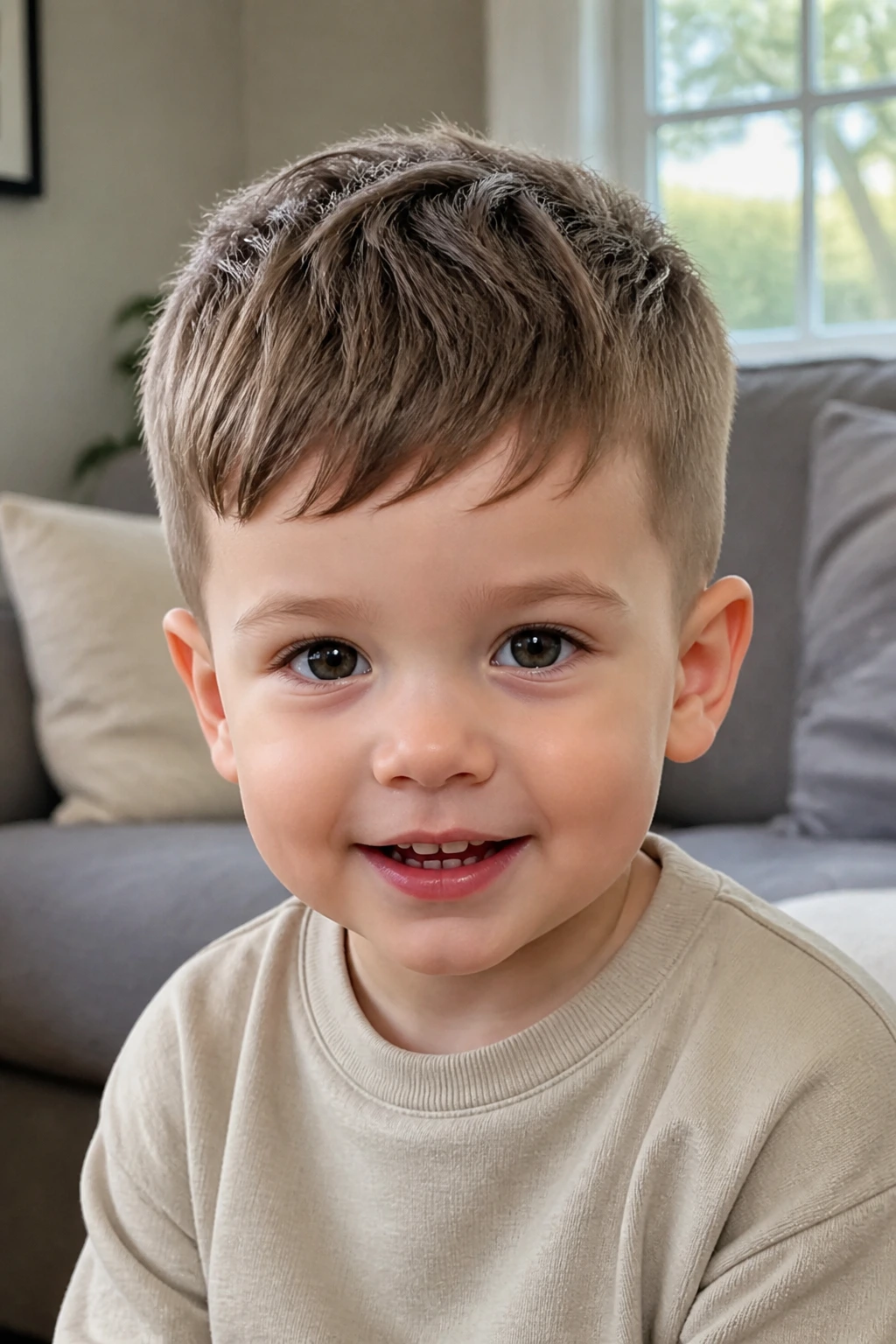 Close-up of real toddler boy with short mop top and tapered sides