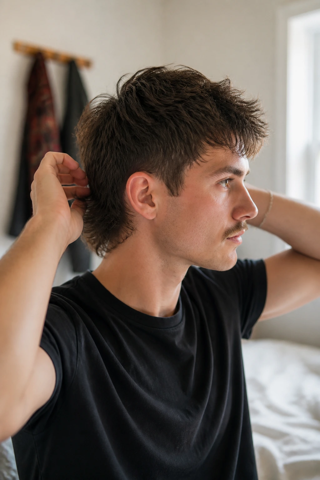 Portrait of a person maintaining a short mullet between visits.