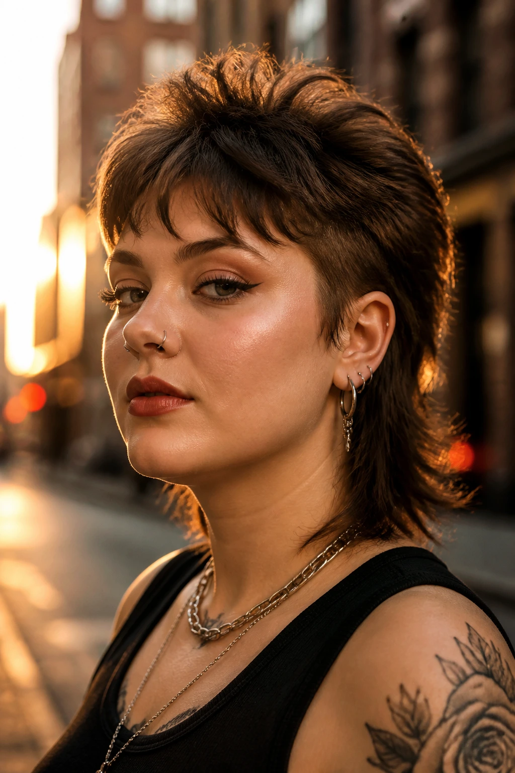 Portrait of a person with a short mullet and feathered top.