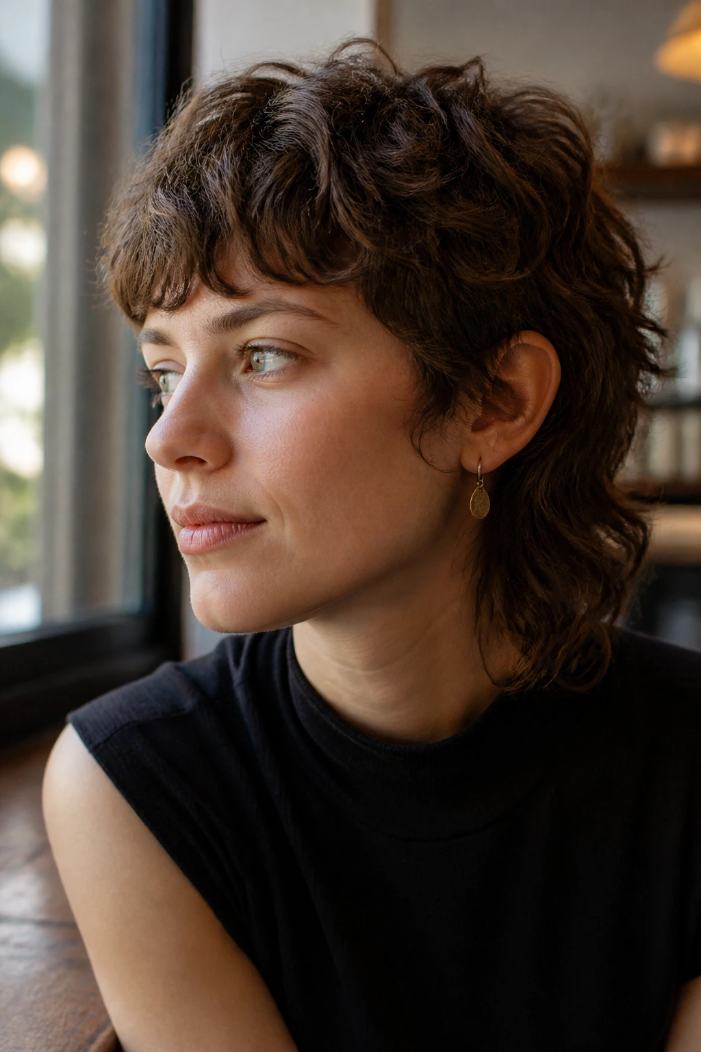 Close-up portrait of a real person with a short mullet on wavy hair in warm cafe light