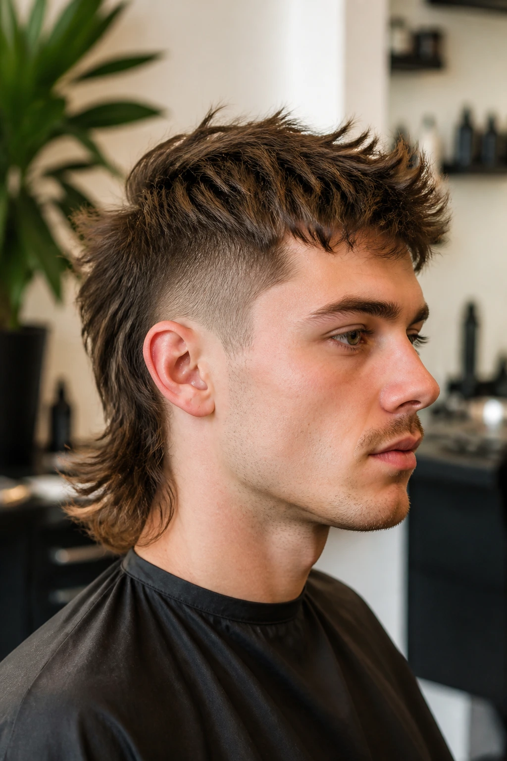 Close-up portrait of a real person with a precise short mullet in a salon setting.