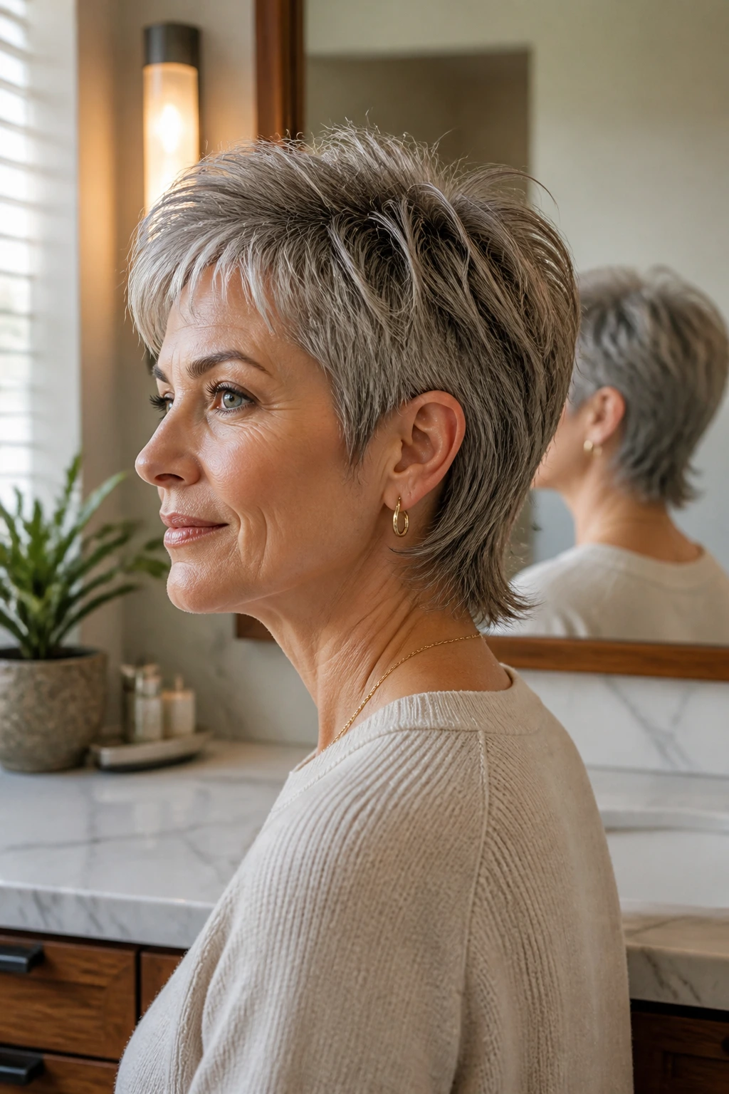 Portrait of a woman with a neatly trimmed short mullet in a bathroom setting