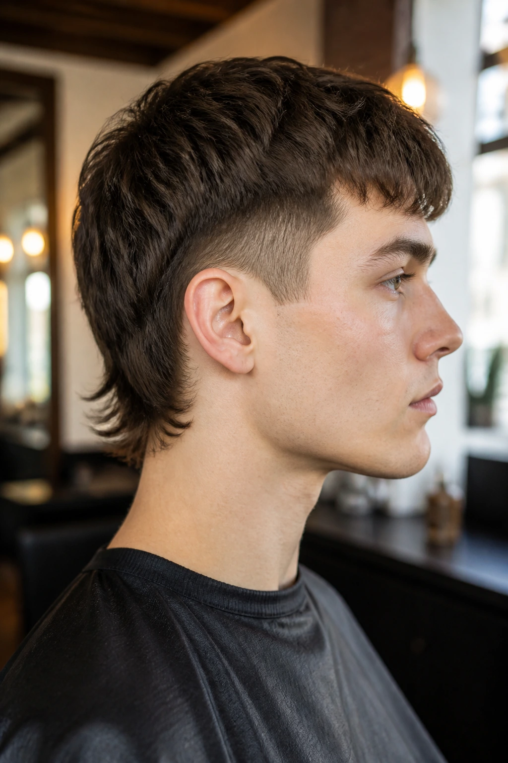 Close-up portrait of a real person showing a short mullet with tight sides and subtle back-length movement