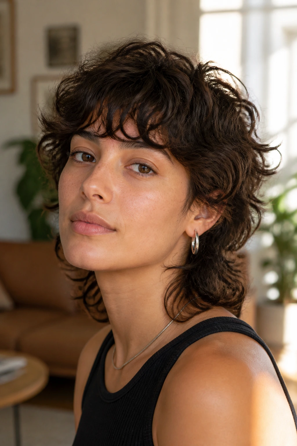 Close-up portrait of a real person with a short mullet shag textured bangs