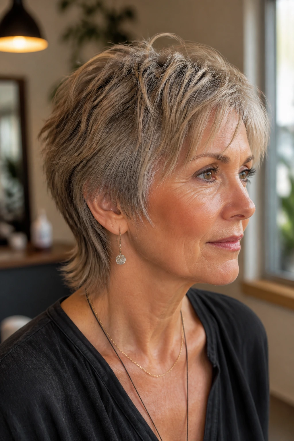 Close-up portrait of a real woman with a short mullet and tapered nape in warm salon light