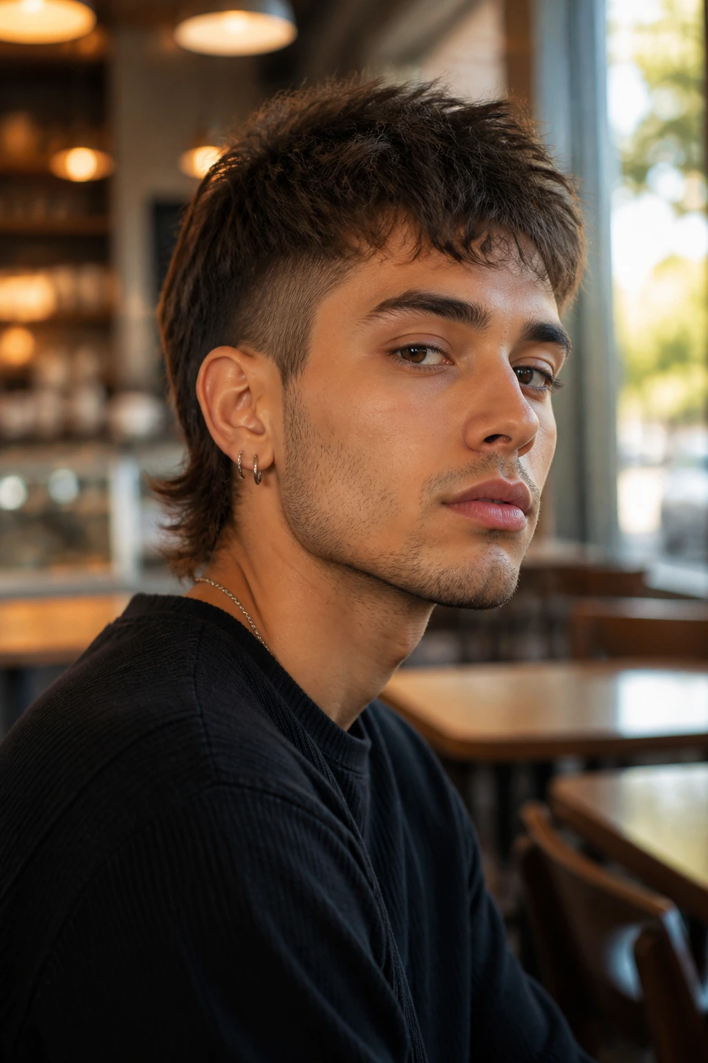 Portrait of a real person with a styled short mullet in a cafe setting.