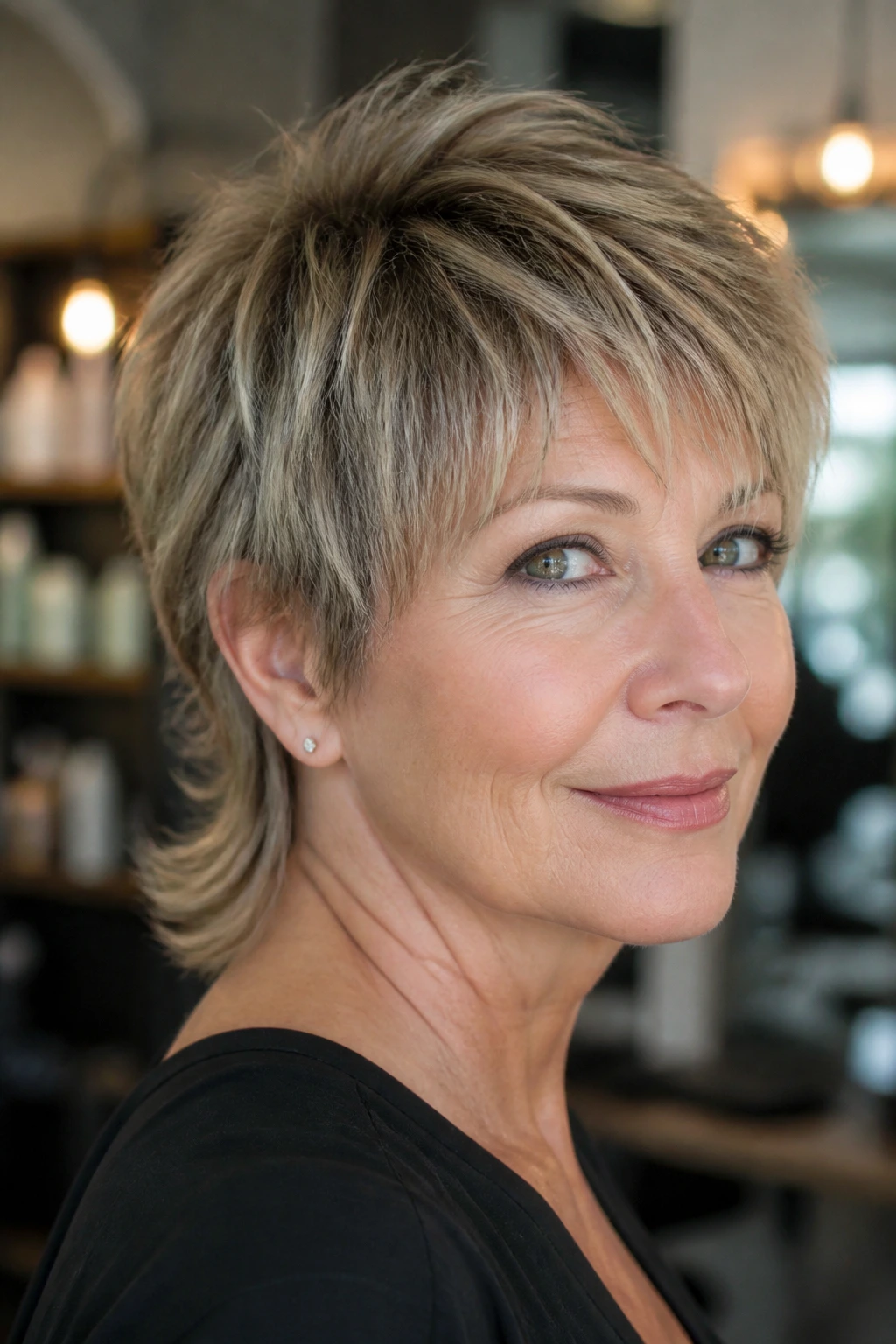 Close-up portrait of a real woman with a short mullet illustrating texture and fringe in a salon setting.