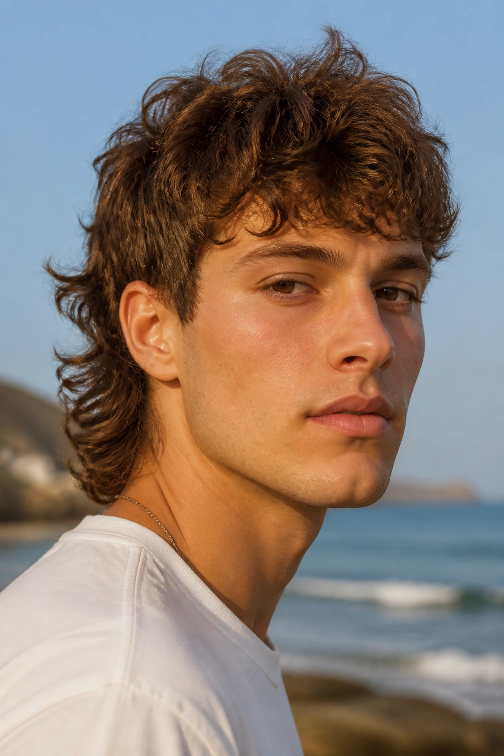 Close-up of a real person with a short mullet on waves at the beach