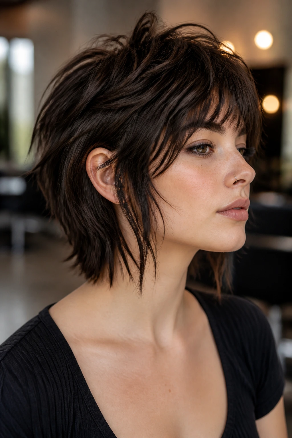Close-up portrait of a real person wearing The Short Nape Wolf hairstyle with a short nape and longer front framing the jaw.