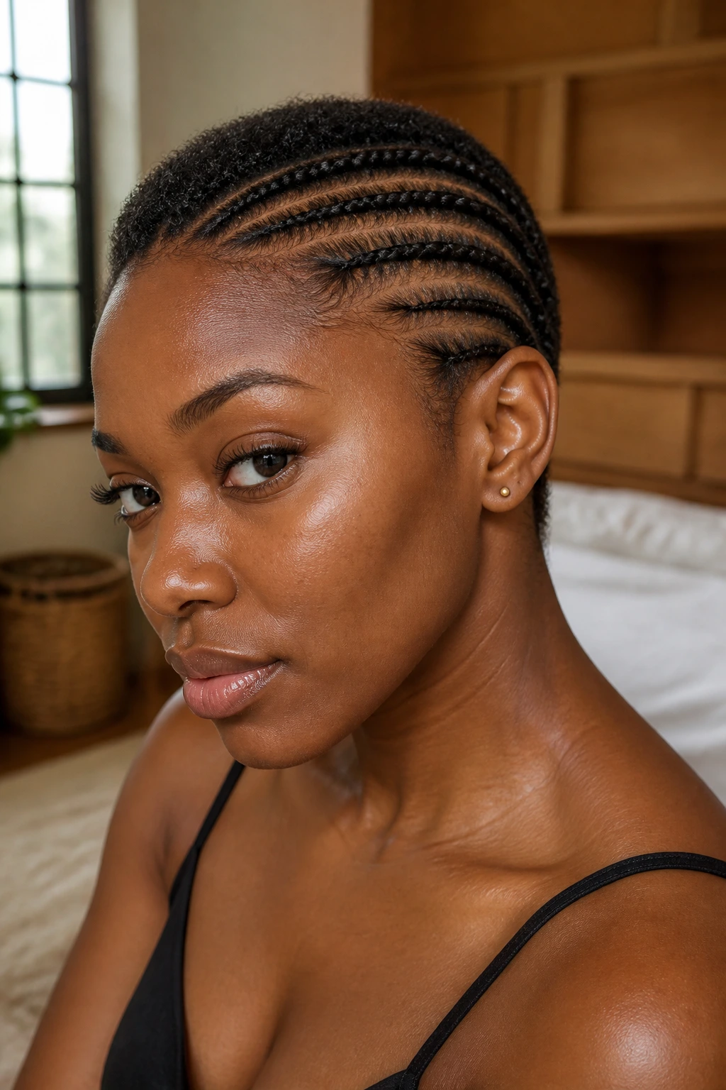Close-up of a real woman with extension-free side cornrows on short natural hair