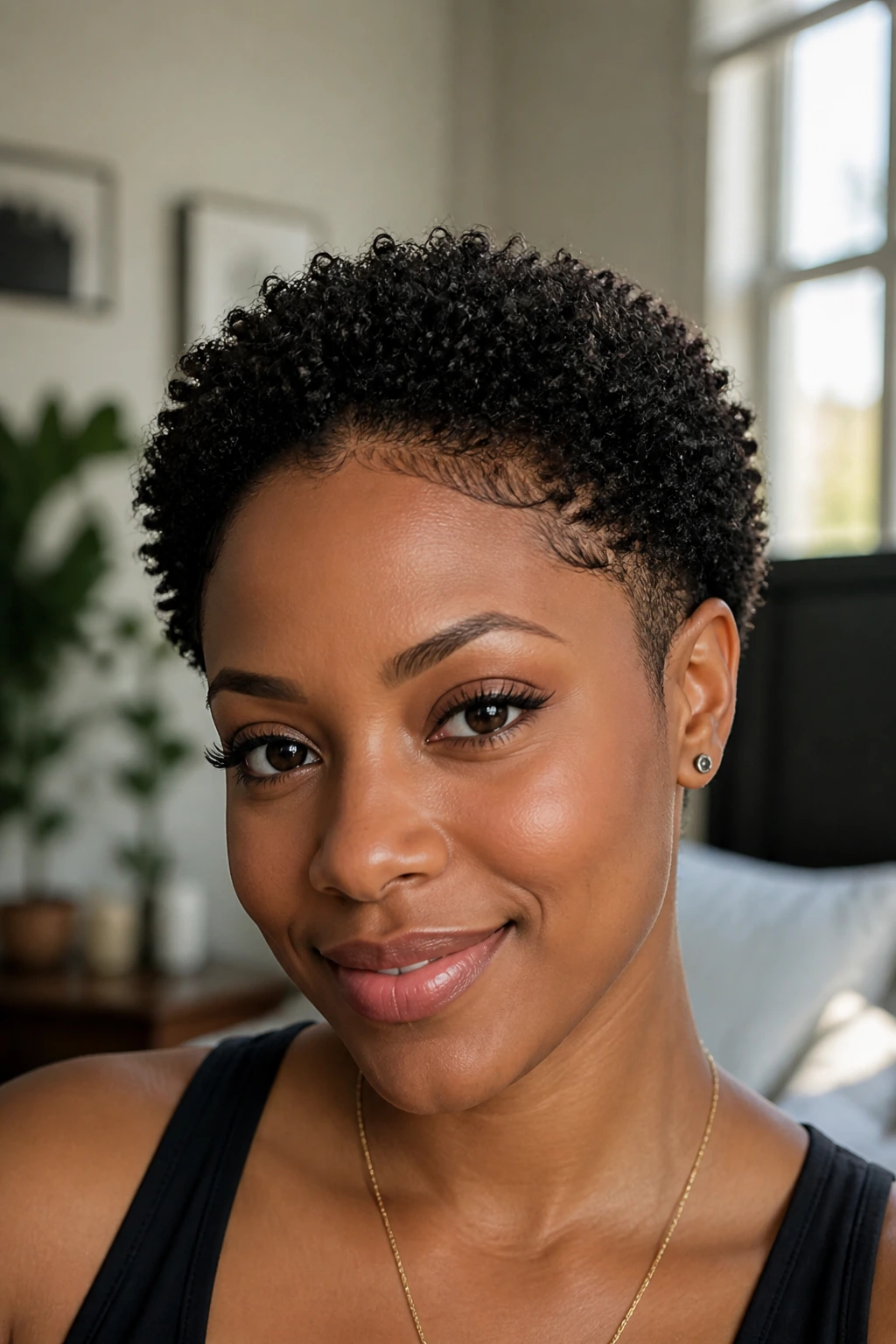 Close-up of a Black woman with short natural curls showing rounded edges and soft taper