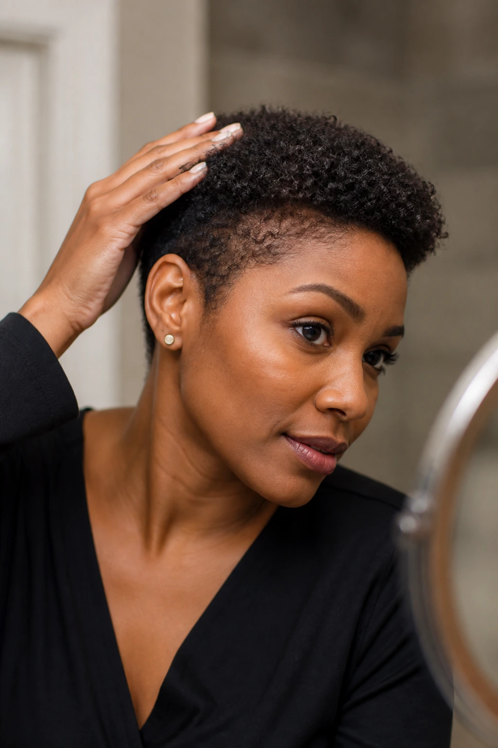 Real person inspecting crown and hairline of a short natural cut