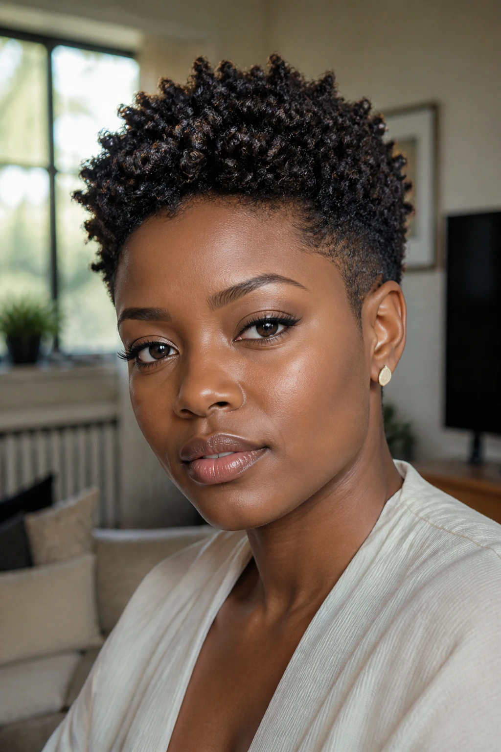 Close-up head-and-shoulders of a Black woman with short natural curls and a tapered silhouette
