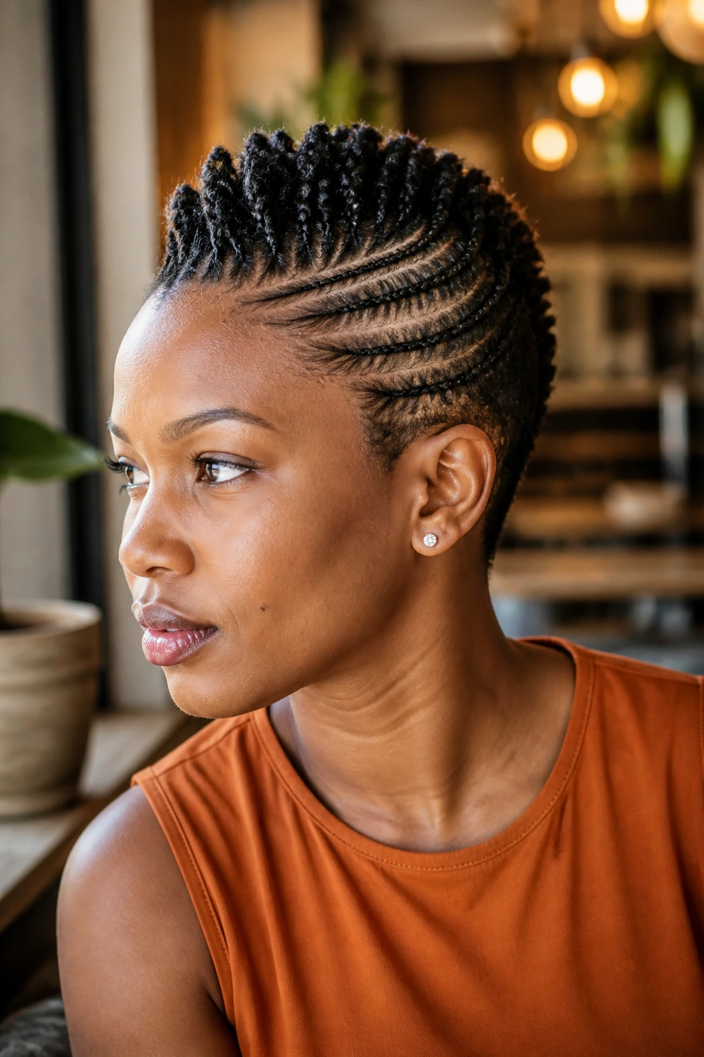 Close-up of a real person with a bold mohawk braid on short natural hair with center ridge and side panels