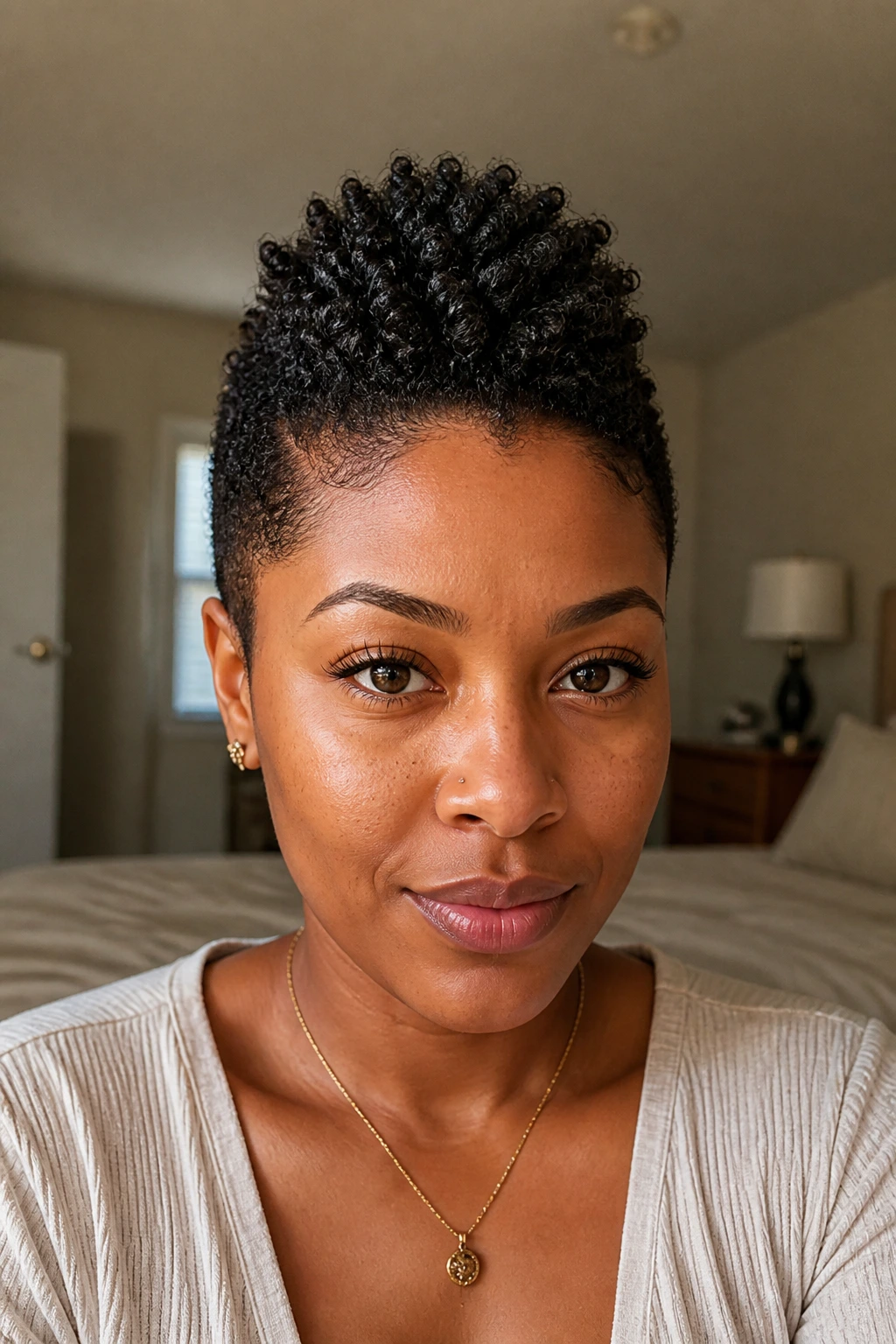 Close-up of short natural texture hawk on real woman