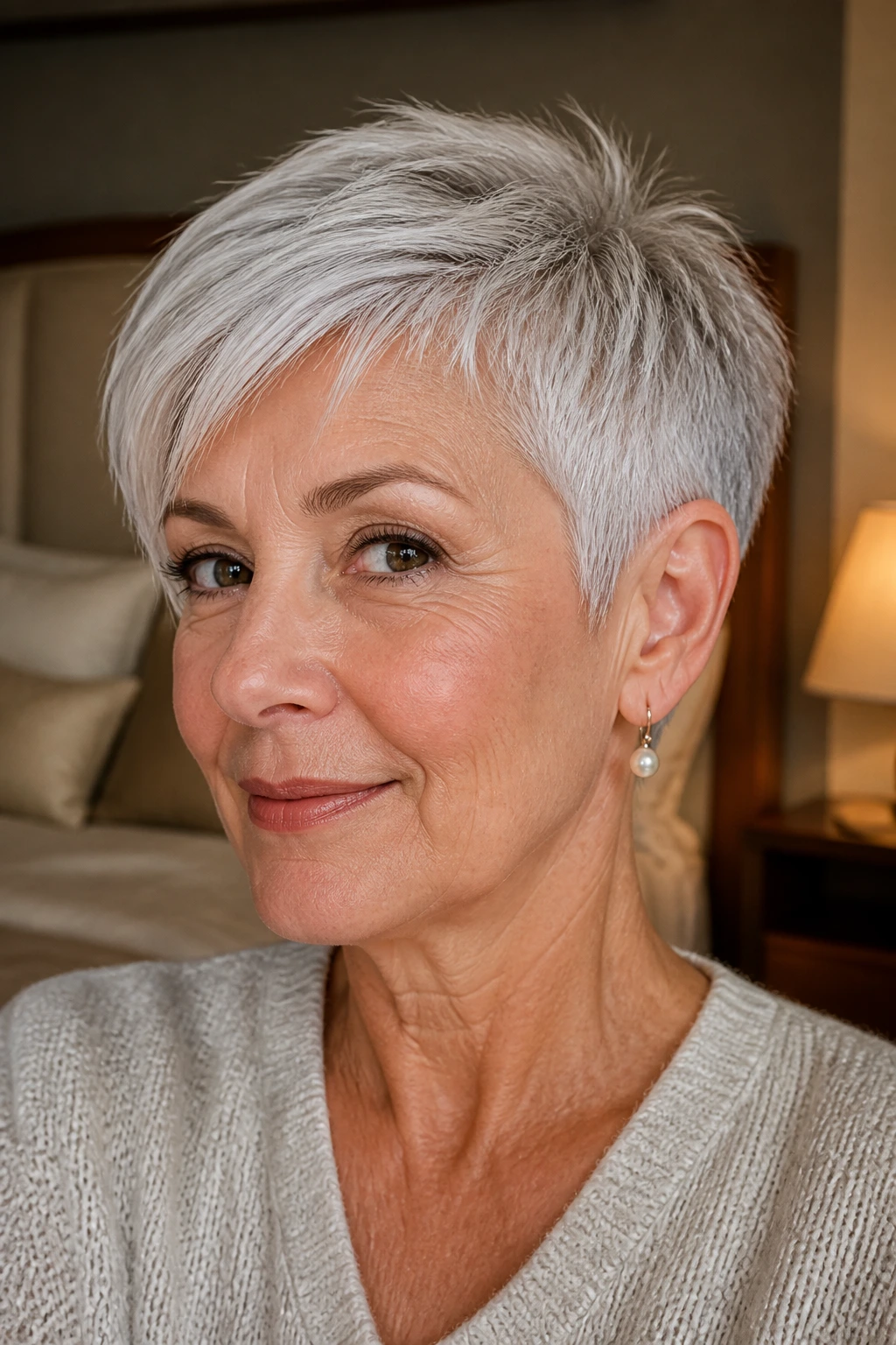 Close-up of a real woman's short crisp pixie cut.
