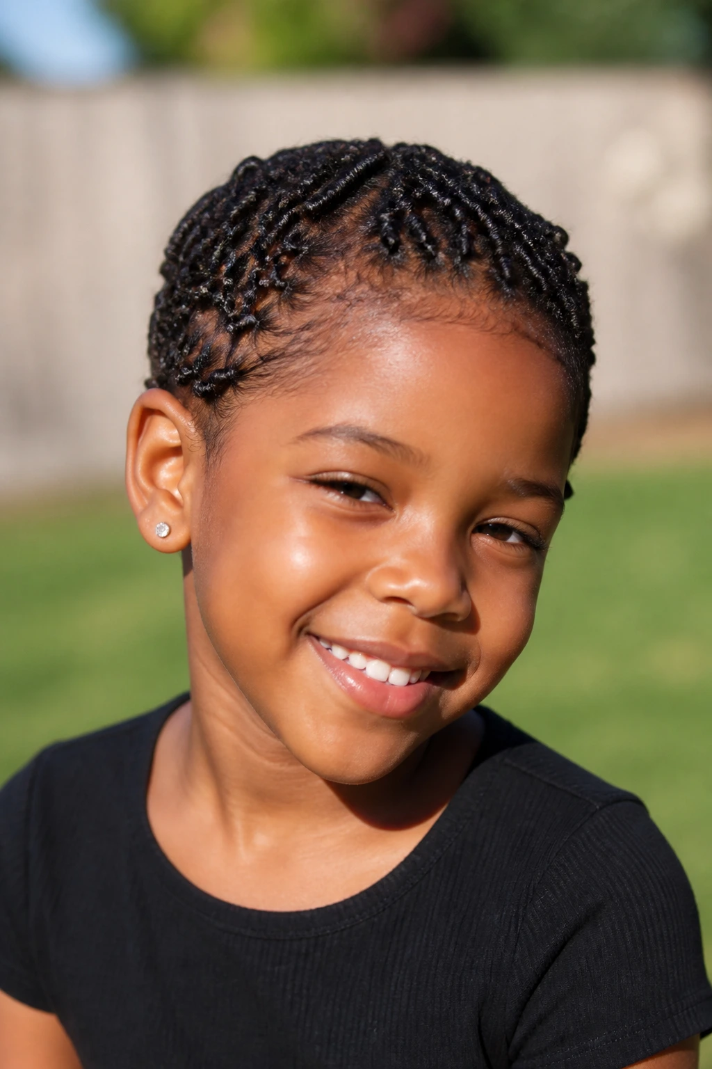 Close-up of a real child with short pixie box braids close to the scalp.