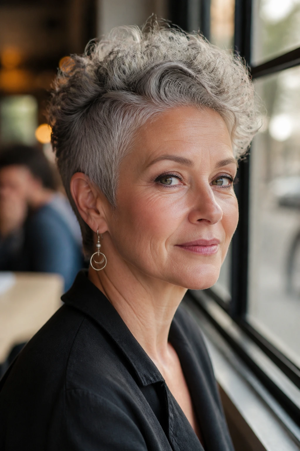 Portrait of a real woman with Crown-Heavy Pixie With Sleek Sides.