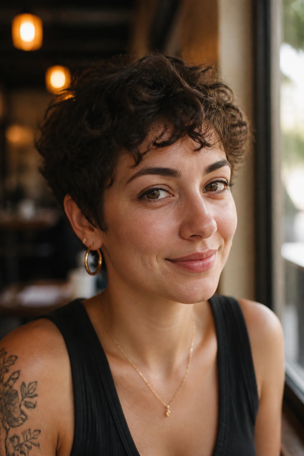Close-up portrait of a real woman with a short pixie cut, cafe window light