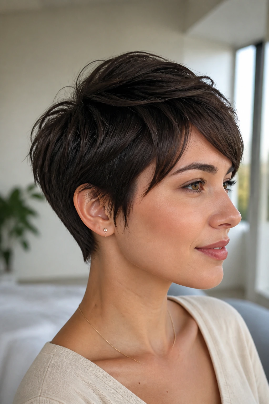 Portrait of real person with sculpted short pixie cut