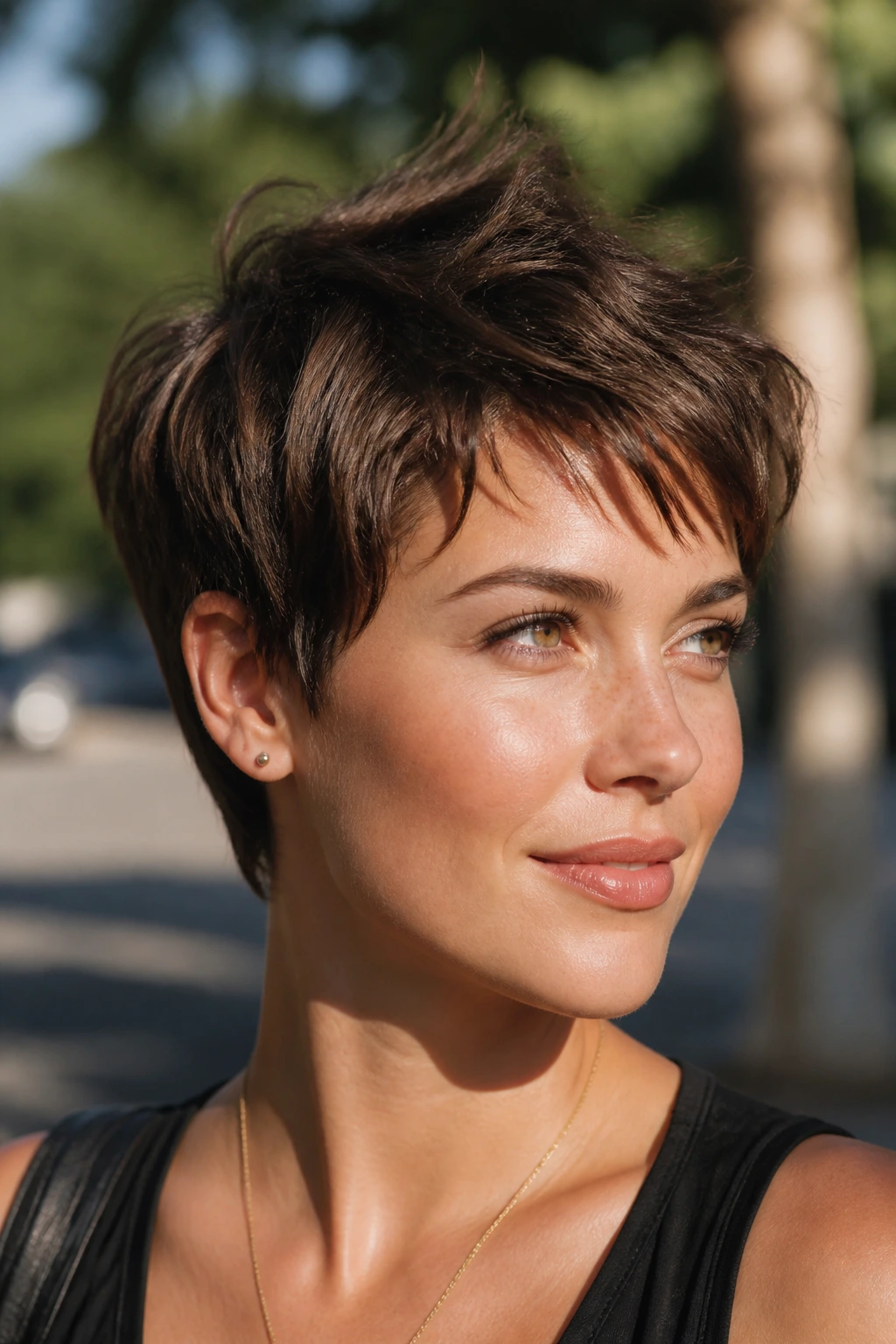 Real person with a short pixie cut and textured pieces.