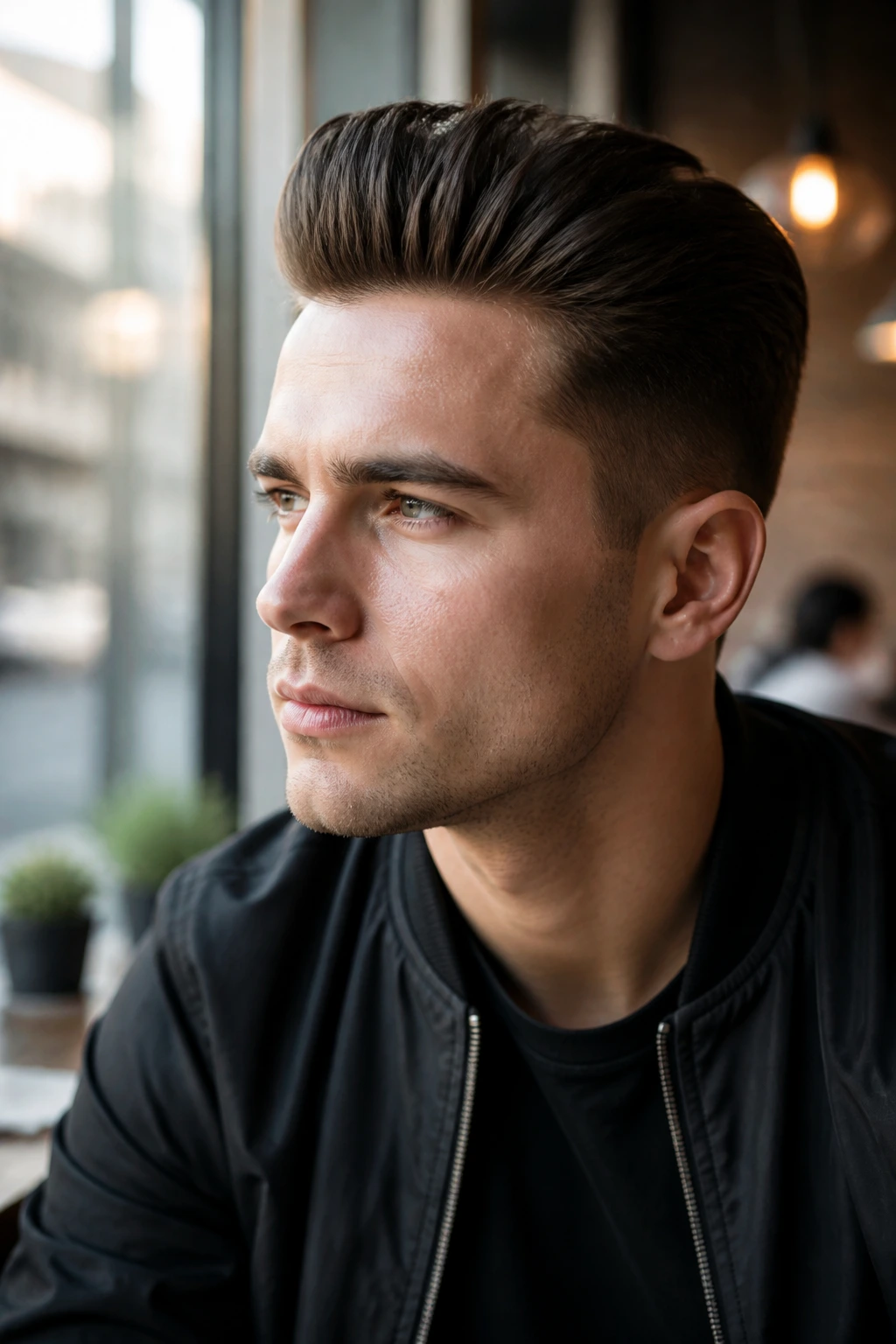 Close-up portrait of a man with a compact short pomp in a cafe setting.