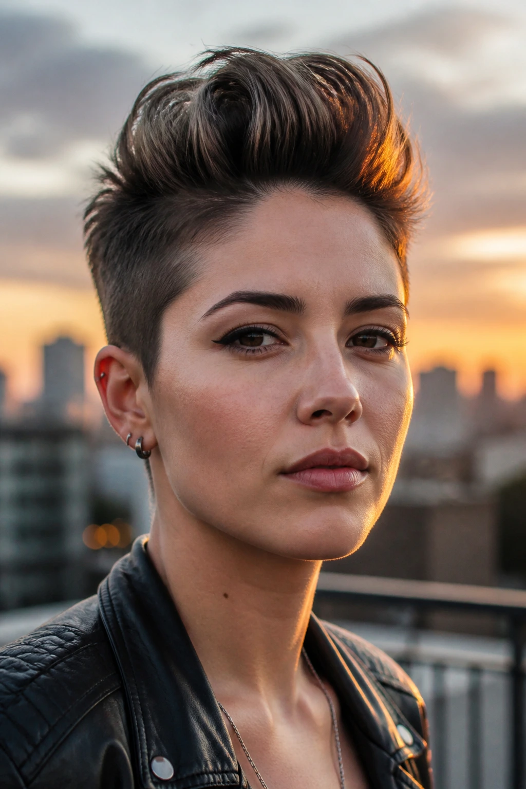 Real woman with short pompadour crop on a rooftop at sunset