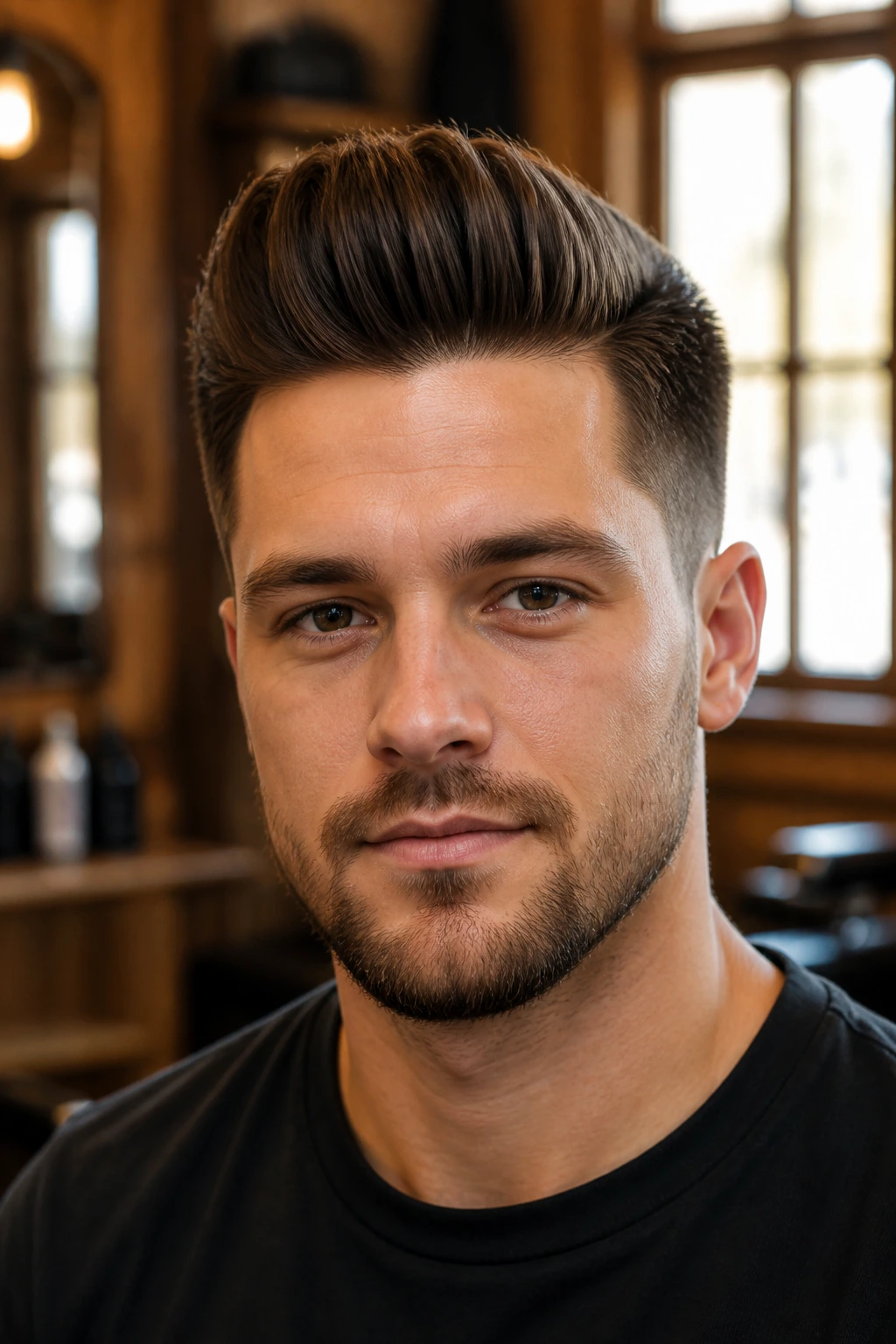 Close-up portrait of a man with a short pompadour in a barber shop setting