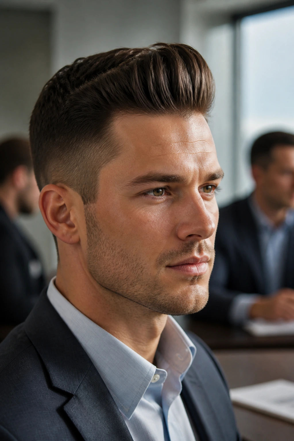 Close-up portrait of a real man with a short pompadour hairstyle in an office